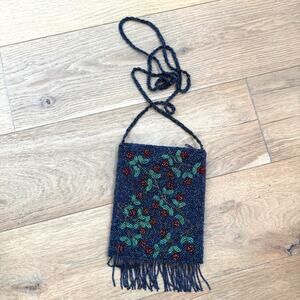 Ermo Beaded Blue Floral Small Crossbody Fringe Bag- Boho, Romantic, Cottage